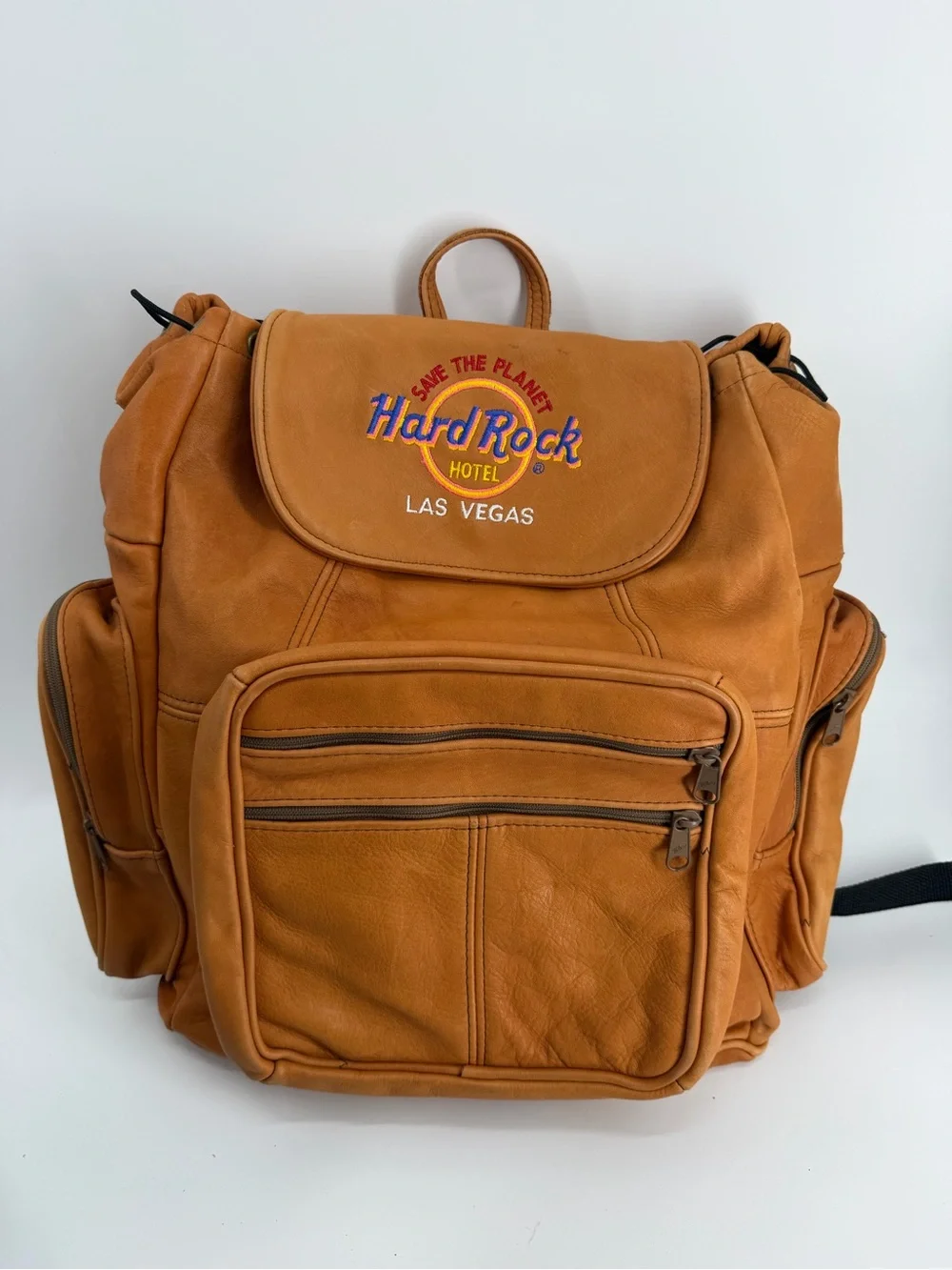 Vintage Hard Rock Hotel Las Vegas Leather Backpack Brown Tan Save The Planet 90s
